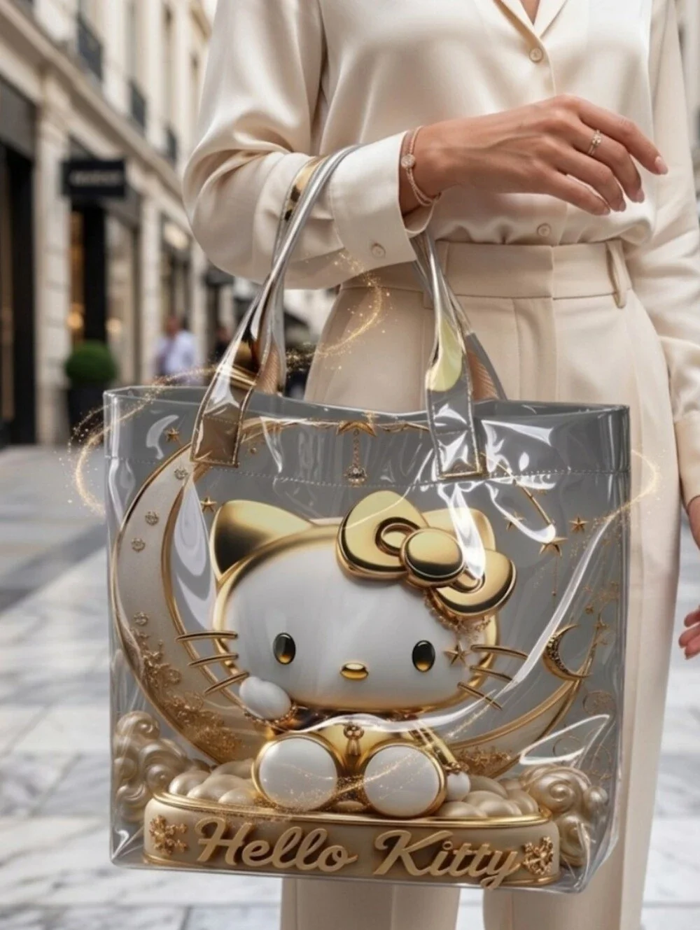 Women Hello Kitty Large Daily Commuter Hand Tote Moon Style PVC Glossy